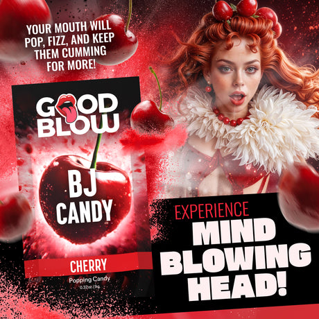 Good Blow Cherry Popping BJ Candy packaging featuring a playful cherry theme and vibrant visuals, promoting unique flavors.