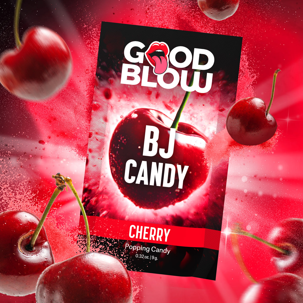Good Blow Cherry Popping BJ Candy packaging with cherries and vibrant design, highlighting its cherry flavor and popping sensation.