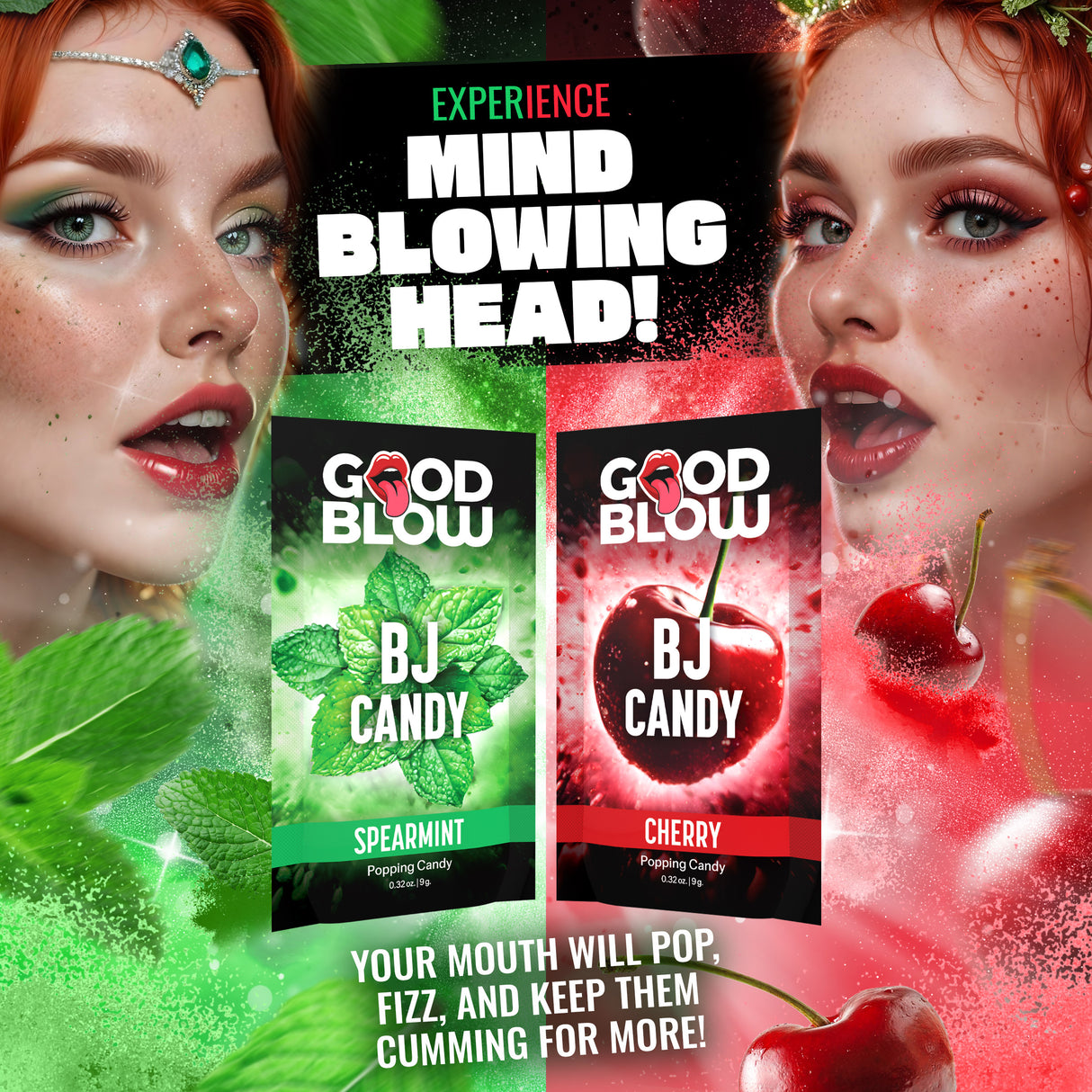 Good Blow BJ Candy 4 Count Sampler Pack featuring Cherry and Spearmint flavors in vibrant packaging.