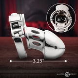 Master Series Cock Cuff Snap-on Chastity Cage shown from the side, featuring adjustable snap-on base ring and measurements.