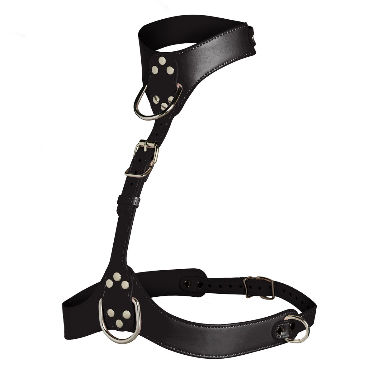 Master Series Vixen Female Chest Harness Black made from durable vegan leather with adjustable straps and polished nickel-free hardware.