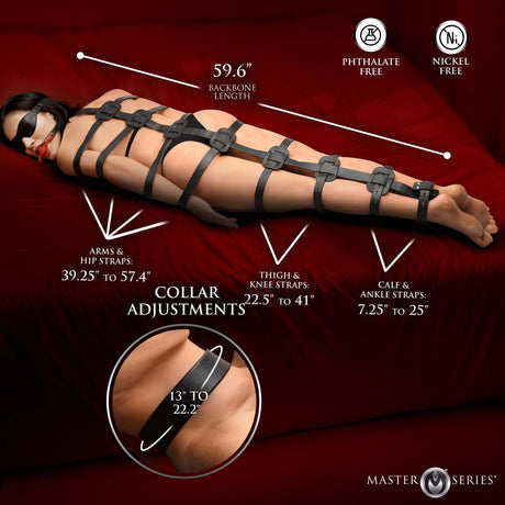 Master Series Backbone Full Body Harness Black with adjustable straps and central backbone for restraint.