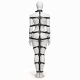 Master Series Backbone Full Body Harness Black on mannequin showcasing its full restraint system design.