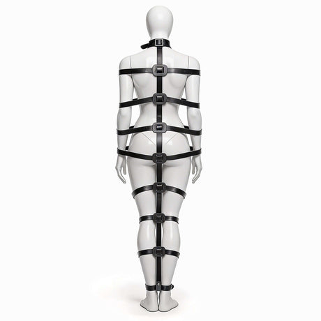 Master Series Backbone Full Body Harness Black on mannequin showcasing its full restraint system design.