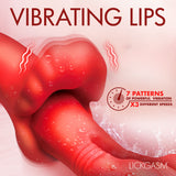 Vibrating lips showcasing the Lickgasm Double Licker Thrusting Silicone Vibrator with 7 patterns and 3 speeds.