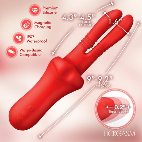 Lickgasm Double Licker Thrusting Silicone Vibrator with dual heads and waterproof design.