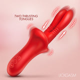 Lickgasm Double Licker Thrusting Silicone Vibrator featuring two thrusting tongues in vibrant red color.