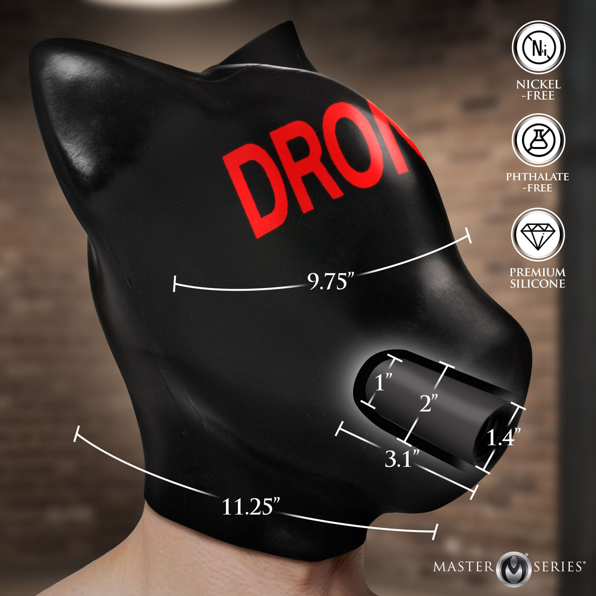 Master Series Drone Silicone Sensory Hood featuring measurements and bold DRONE print for immersive sensory deprivation play.