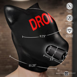 Master Series Drone Silicone Sensory Hood featuring measurements and bold DRONE print for immersive sensory deprivation play.
