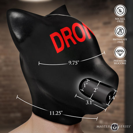 Master Series Drone Silicone Sensory Hood featuring measurements and bold DRONE print for immersive sensory deprivation play.