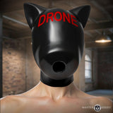 Master Series Drone Silicone Sensory Hood with pup ears and red DRONE print for sensory deprivation play.