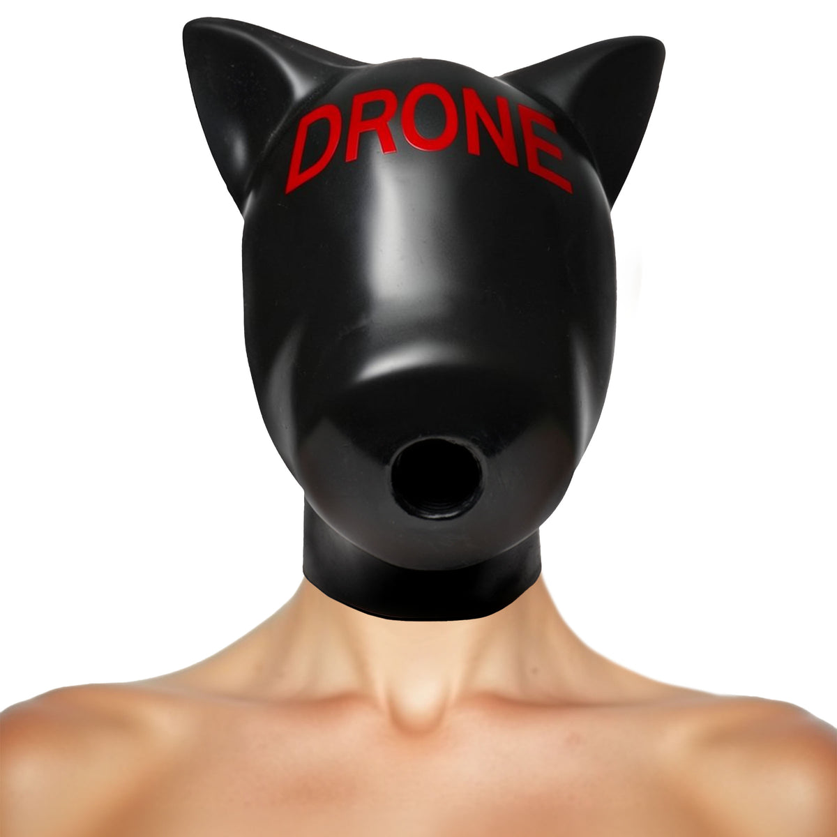 Master Series Drone Silicone Sensory Hood featuring pup ears and a gag for immersive sensory deprivation play.