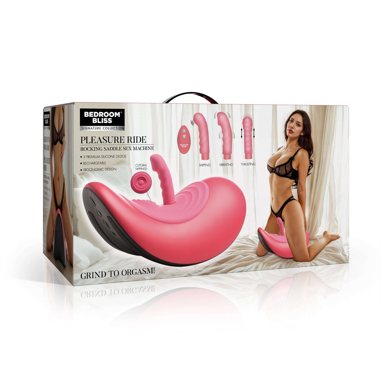 Pleasure Ride Rocking Saddle Sex Machine packaging with ergonomic design and attachments for hands-free play.