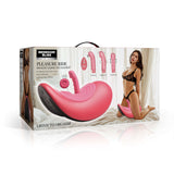 Pleasure Ride Rocking Saddle Sex Machine packaging with ergonomic design and attachments for hands-free play.
