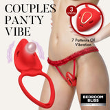 Couples Panty Vibe with Remote Textured Silicone Red features a silicone stimulator and open-crotch panties for pleasure.