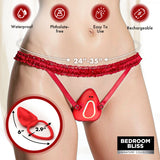 Couples Panty Vibe with Remote Textured Silicone Red displayed on a model wearing open-crotch panties.