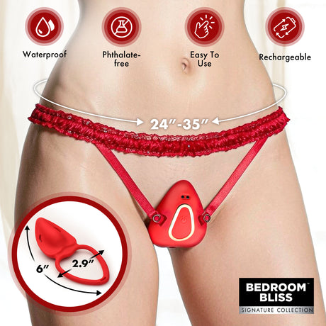 Couples Panty Vibe with Remote Textured Silicone Red displayed on a model wearing open-crotch panties.