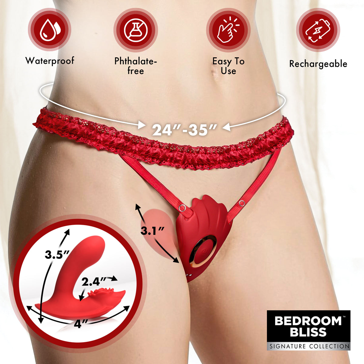 G-Spot Silicone Panty Vibe with Remote Red showing waterproof, rechargeable features and size specifications.