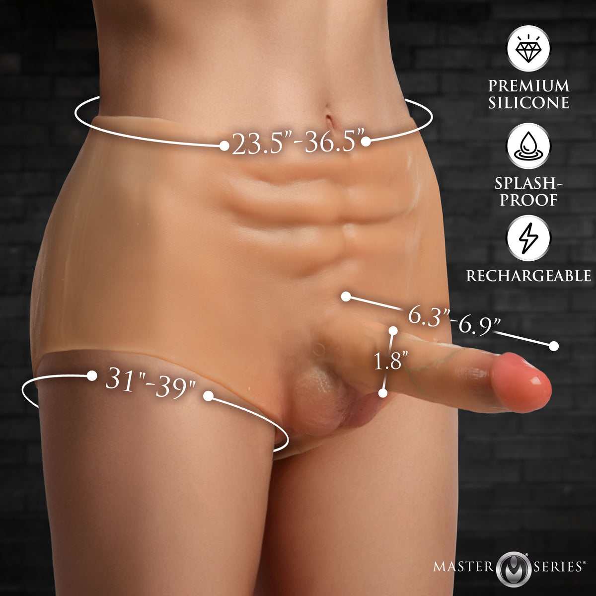 Power Briefs Thrusting & Vibrating Silicone Penis Panties showcasing detailed size dimensions and premium silicone features.