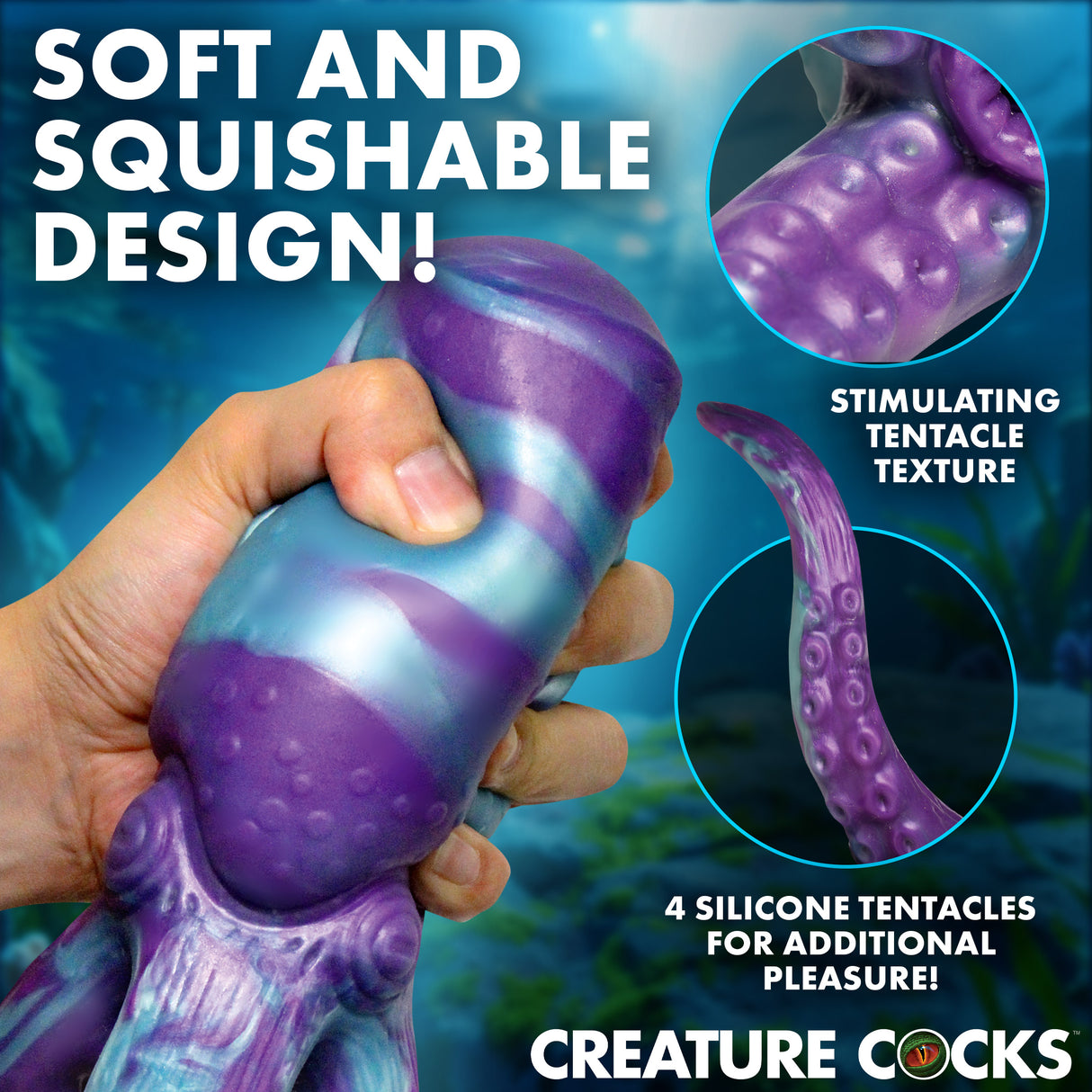 Close-up of Creature Cocks Tenta Stroke Silicone Masturbator showcasing its soft, squishable design and tentacle texture.