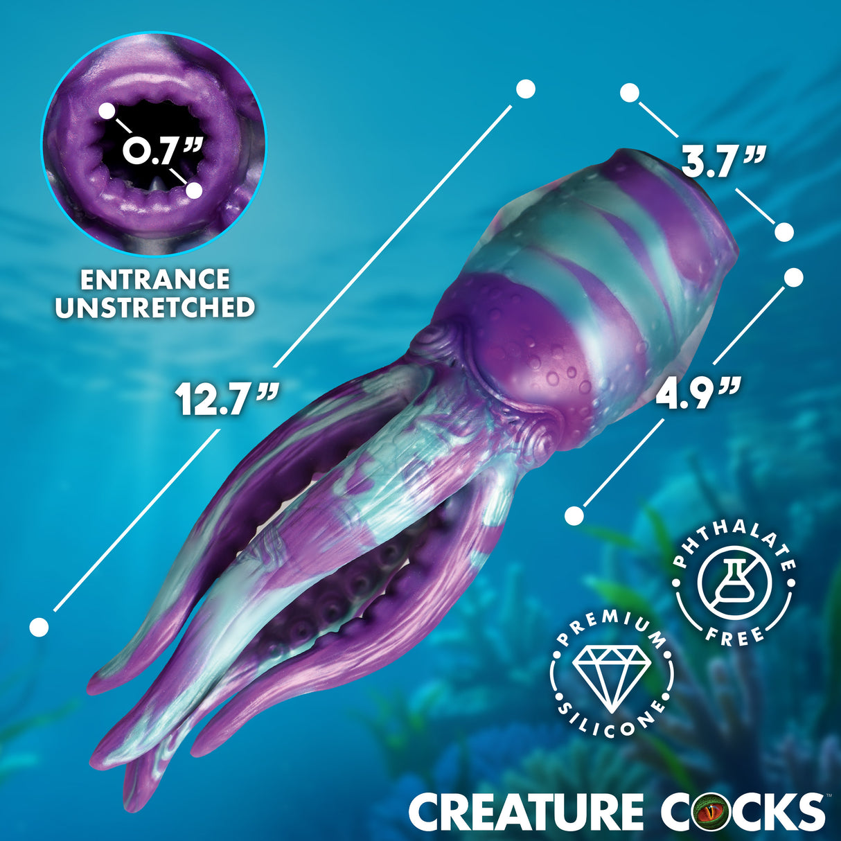 Creature Cocks Tenta Stroke Silicone Masturbator detailed dimensions and features, showcasing its unique design and silicone material.