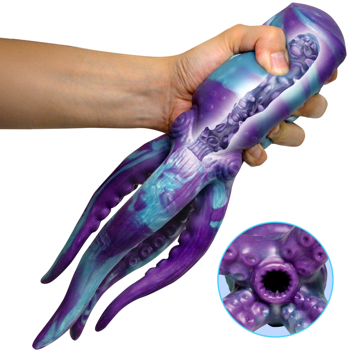 Creature Cocks Tenta Stroke Silicone Masturbator held in hand, showcasing its octopus-like tentacles and textured inner tunnel.