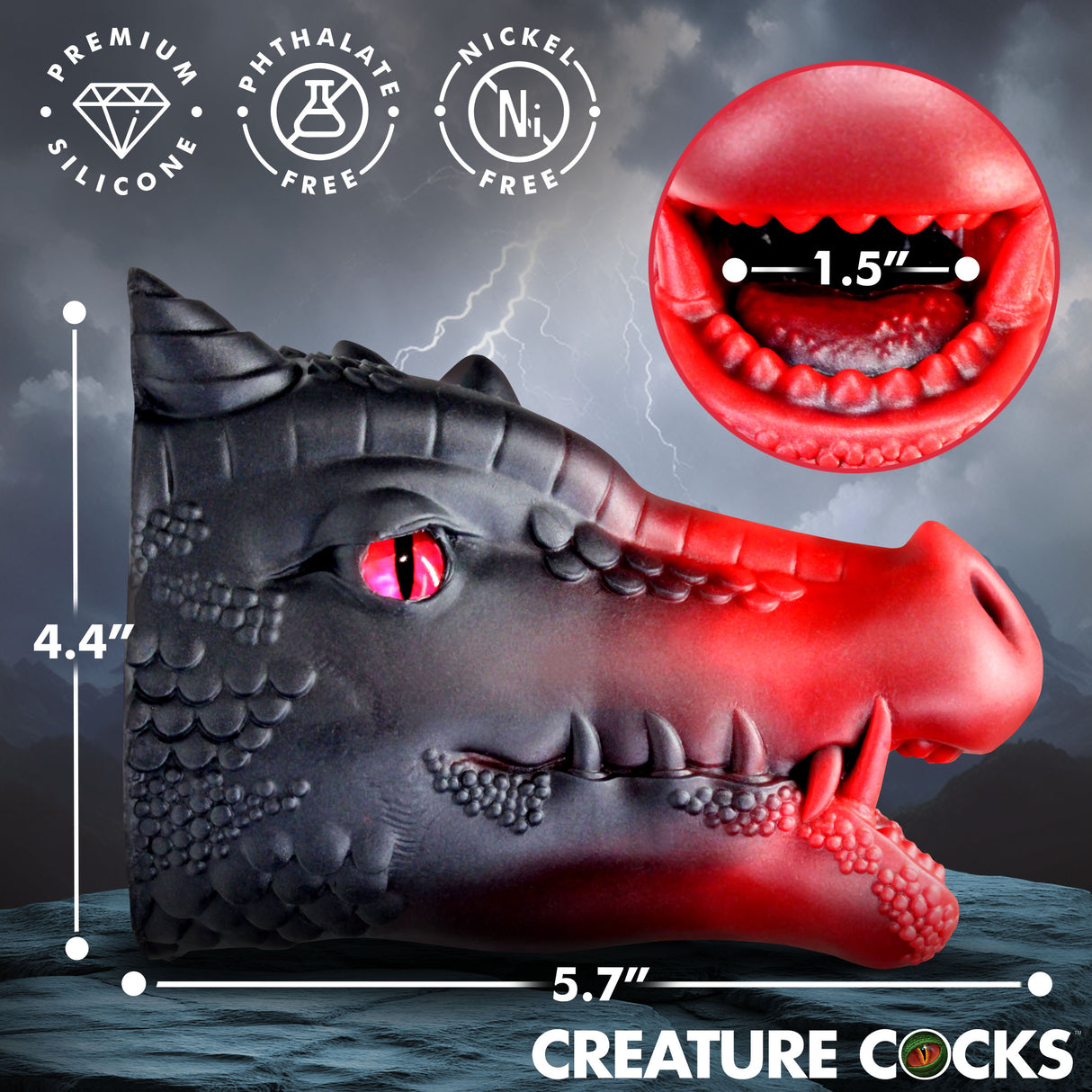 Creature Cocks Drago Fantasy Silicone Masturbator showcasing dragon design with textured features and size dimensions.