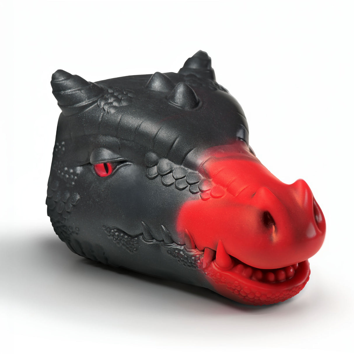 Creature Cocks Drago Fantasy Silicone Masturbator in black and red, shaped like a dragon's head.
