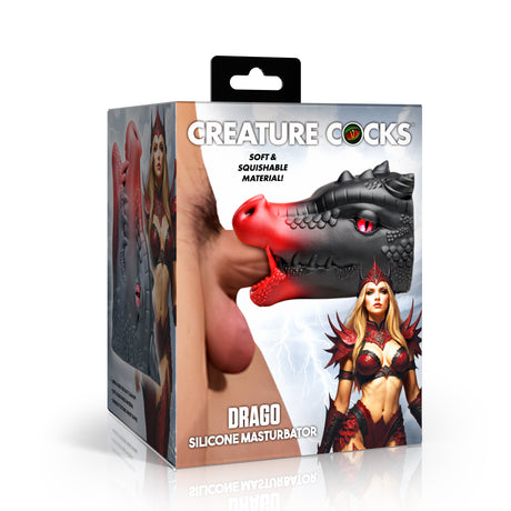Creature Cocks Drago Fantasy Silicone Masturbator packaging featuring a squishable design and fiery dragon theme.