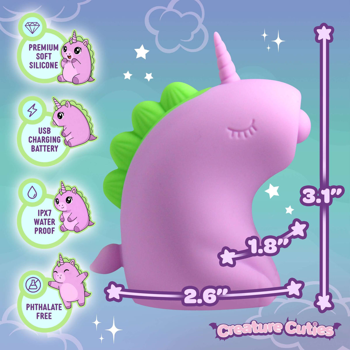 Tappyhorn Tapping Silicone Clitoral Stimulator features, including size, material, and charging information.