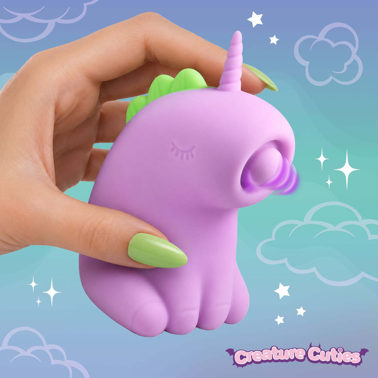 Tappyhorn Tapping Silicone Clitoral Stimulator held in hand, featuring a charming unicorn design with a soft silicone mouth.