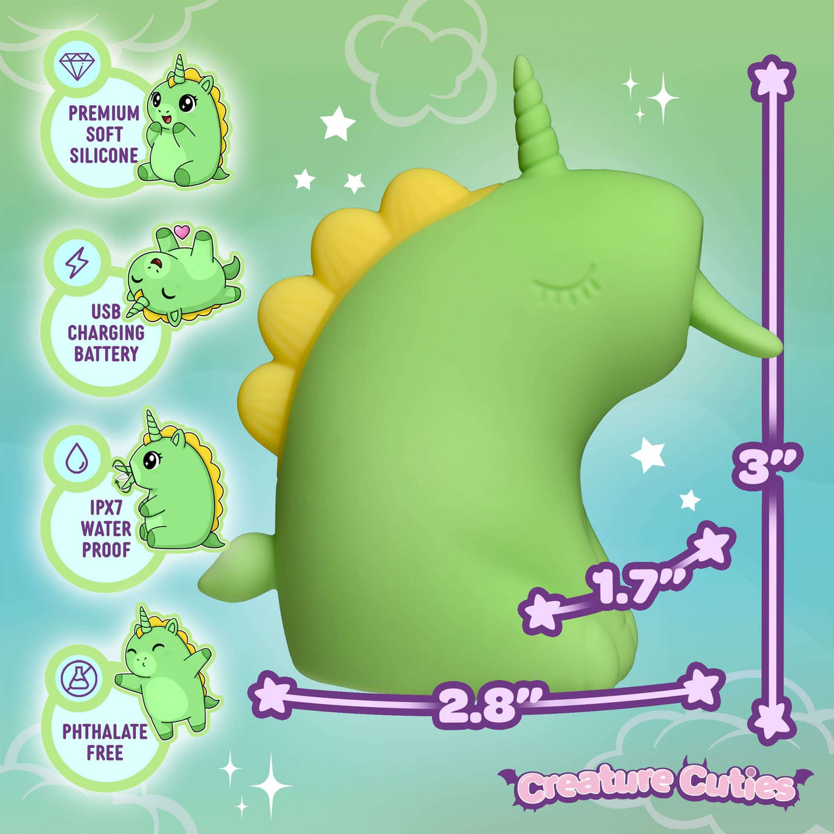 Creature Cuties Lickyhorn Licking Clitoral Stimulator on soft background with features and dimensions highlighted.