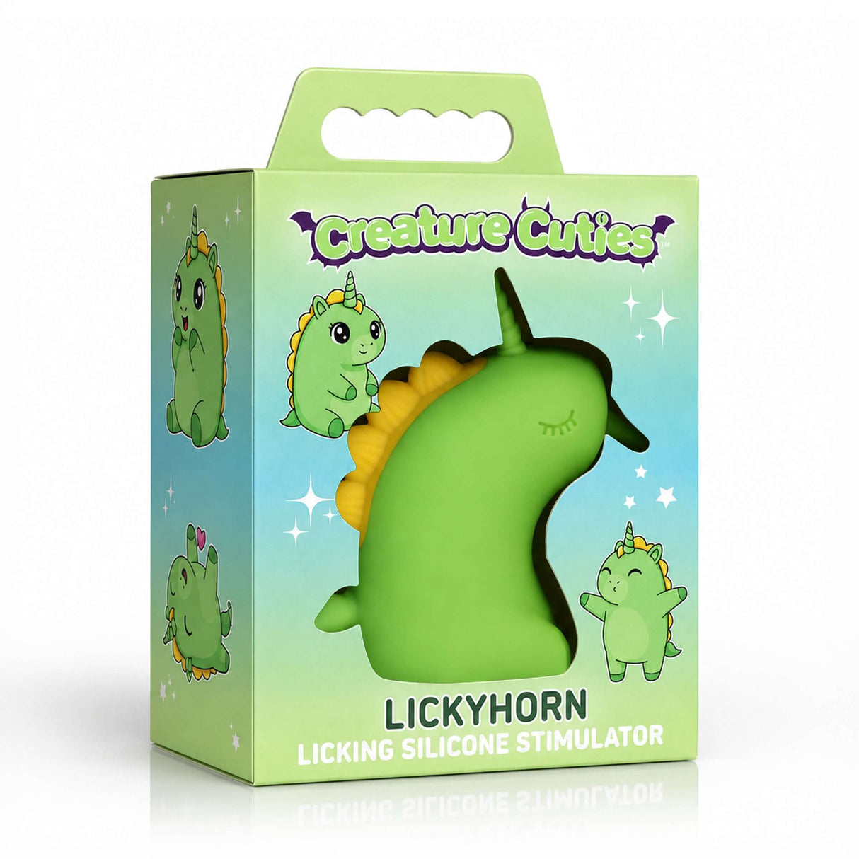 Creature Cuties Lickyhorn Licking Clitoral Stimulator packaging featuring a cute green unicorn design.