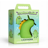 Creature Cuties Lickyhorn Licking Clitoral Stimulator packaging featuring a cute green unicorn design.
