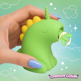Creature Cuties Lickyhorn Licking Clitoral Stimulator held in hand, showcasing its playful green design and flexible tongue.