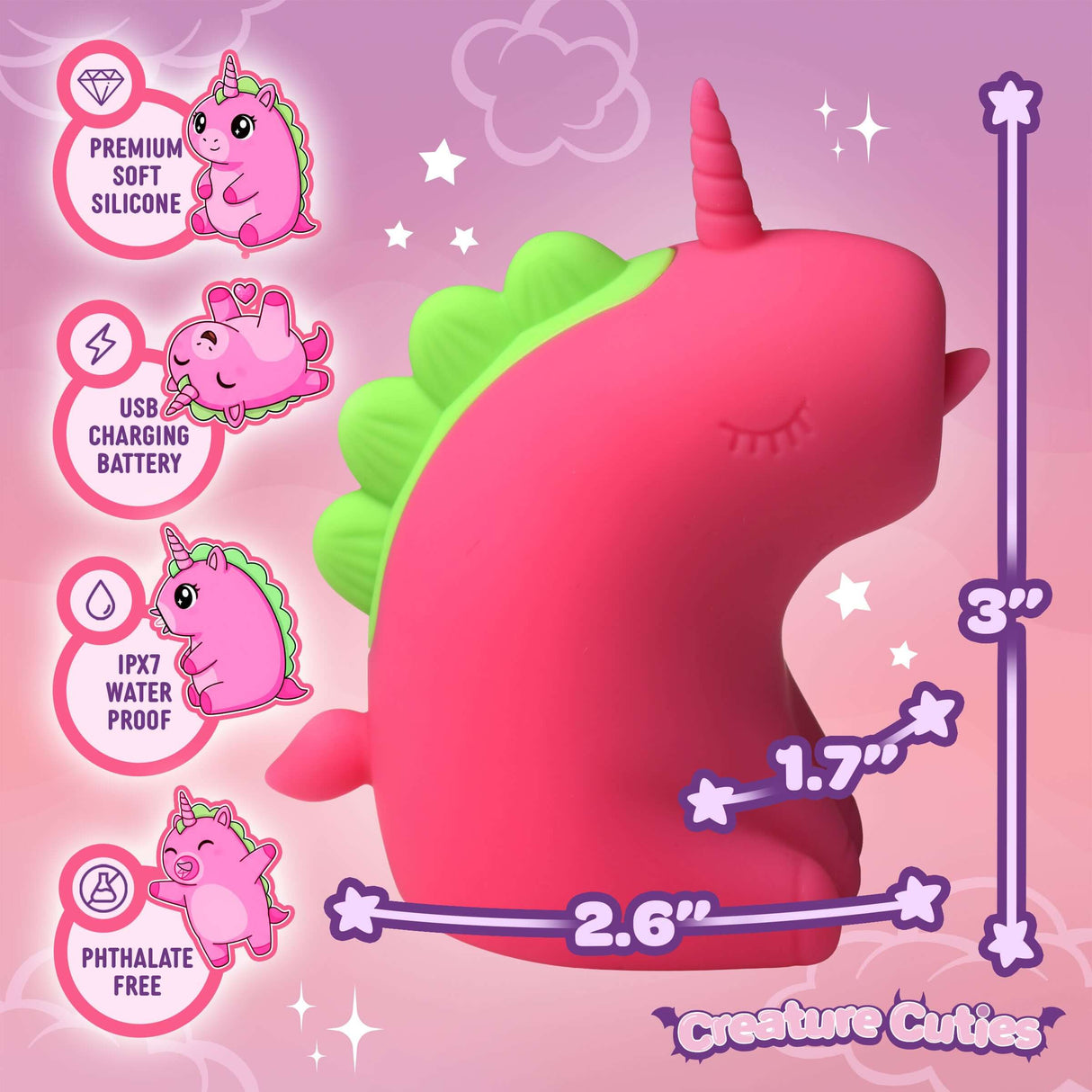 Flickyhorn Flicking Silicone Clitoral Stimulator Pink with unicorn design, dimensions displayed, features premium silicone.