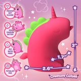 Flickyhorn Flicking Silicone Clitoral Stimulator Pink with unicorn design, dimensions displayed, features premium silicone.
