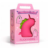 Flickyhorn Flicking Silicone Clitoral Stimulator Pink in playful unicorn packaging.