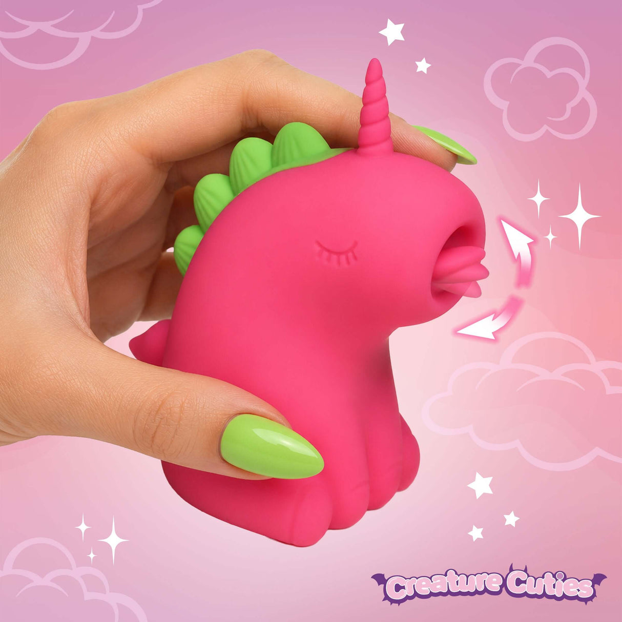 Flickyhorn Flicking Silicone Clitoral Stimulator Pink held in hand with playful unicorn design and pointed silicone tongue.