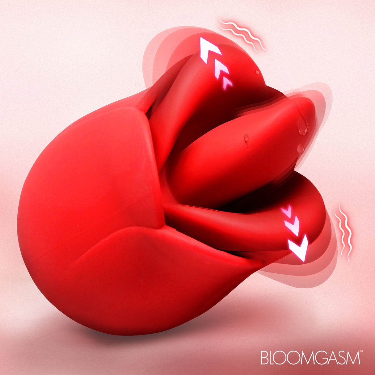 Bloomgasm Petal Kiss Kissing and Licking Vibrator in red with stimulation features highlighted.