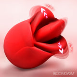 Bloomgasm Petal Kiss Kissing and Licking Vibrator in red with stimulation features highlighted.