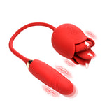 Blossom Kiss Licking Clit Stimulator with Thrusting Vibrator in red, featuring silicone lips and thrusting bullet.