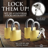Master Series 4 Pack Lock Set featuring four universal locks and keys, all locks keyed alike for convenience.
