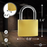 Master Series 4 Pack Lock Set featuring a nickel-free zinc alloy padlock measuring 1.4 x 0.8 x 0.4 inches.
