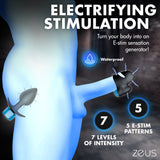 Zeus Anal Plug & Head Teaser E-Stim Kit showcasing electrifying stimulation features with waterproof design and intensity levels.