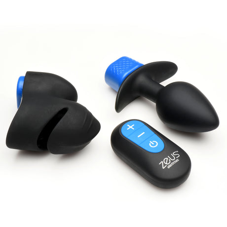 Zeus Anal Plug & Head Teaser E-Stim Kit showing a black anal plug, head teaser, and control remote.