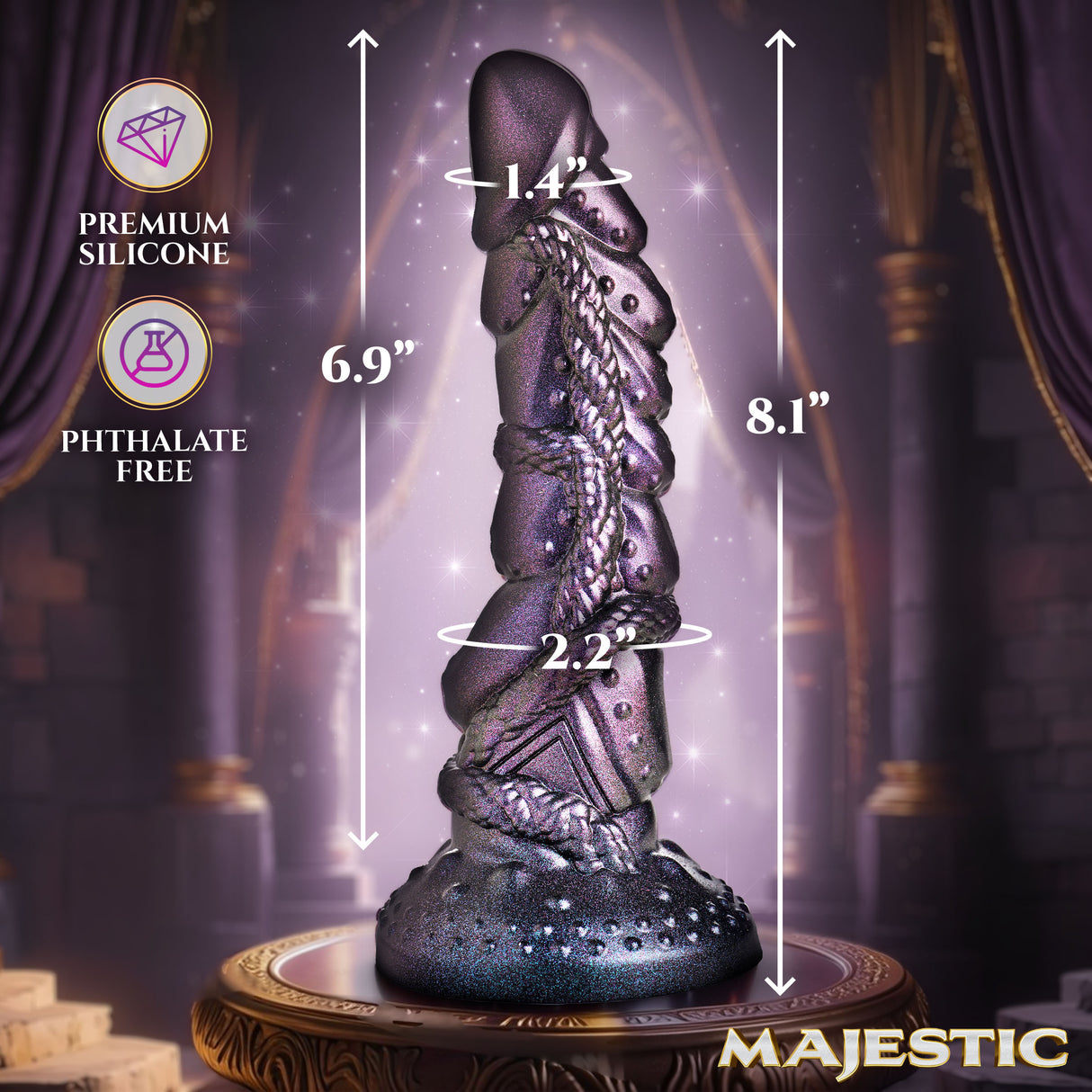 Creature Cocks Ilias Elf Silicone Fantasy Dildo with premium phthalate-free silicone, measuring 8.1 inches tall and 2.2 inches wide.