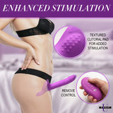 Strap U Thrusting Vibrating Strap-On with Harness showcasing enhanced stimulation features, including textured clitoral pad and remote control.