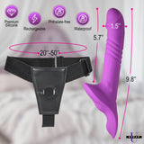 Strap U Thrusting Vibrating Strap-On with Harness showcasing dimensions and features on a blurred background.