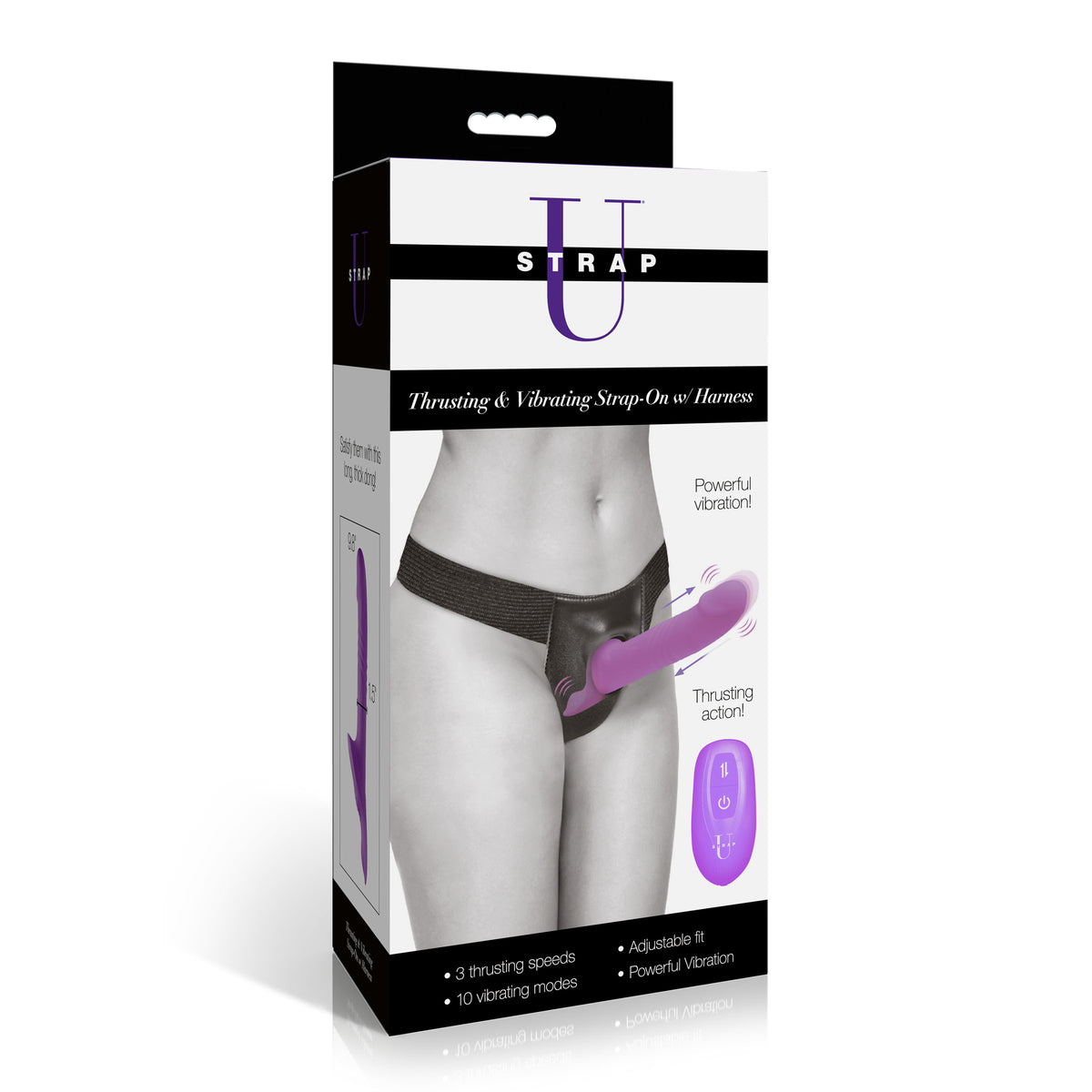 Strap U Thrusting Vibrating Strap-On with Harness packaging featuring powerful vibration and adjustable fit.